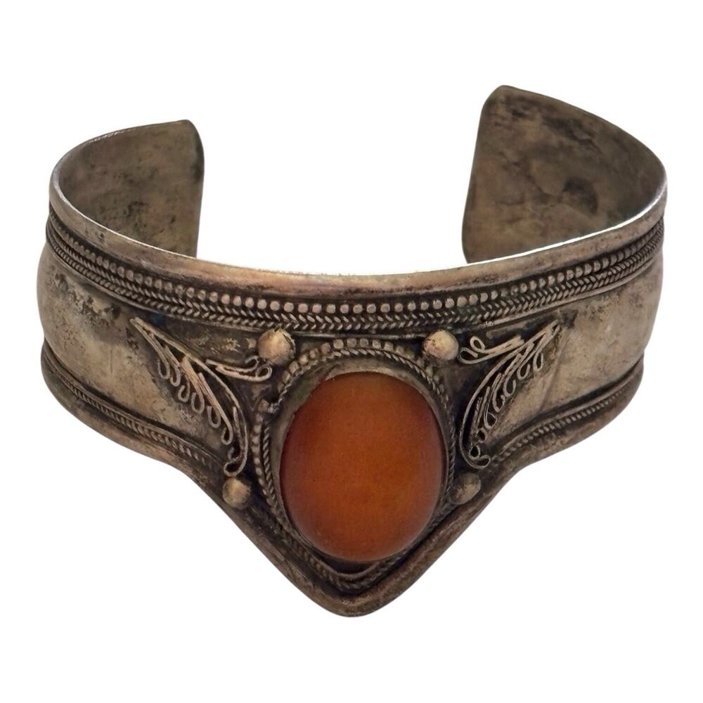RARE Vtg African Berber Tuareg Silver & Cuff Egg Yolk Amber Bracelet